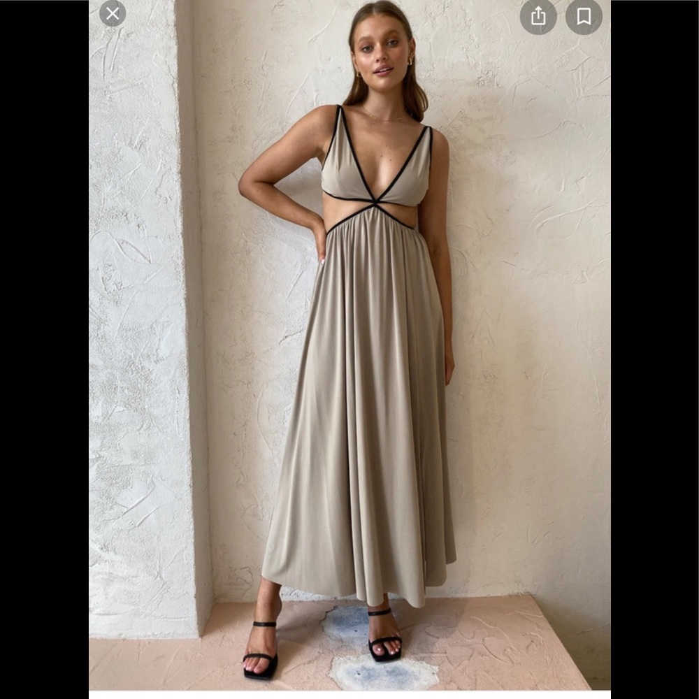 Bec & Bridge Taupe Maxi Dress with Black Trim